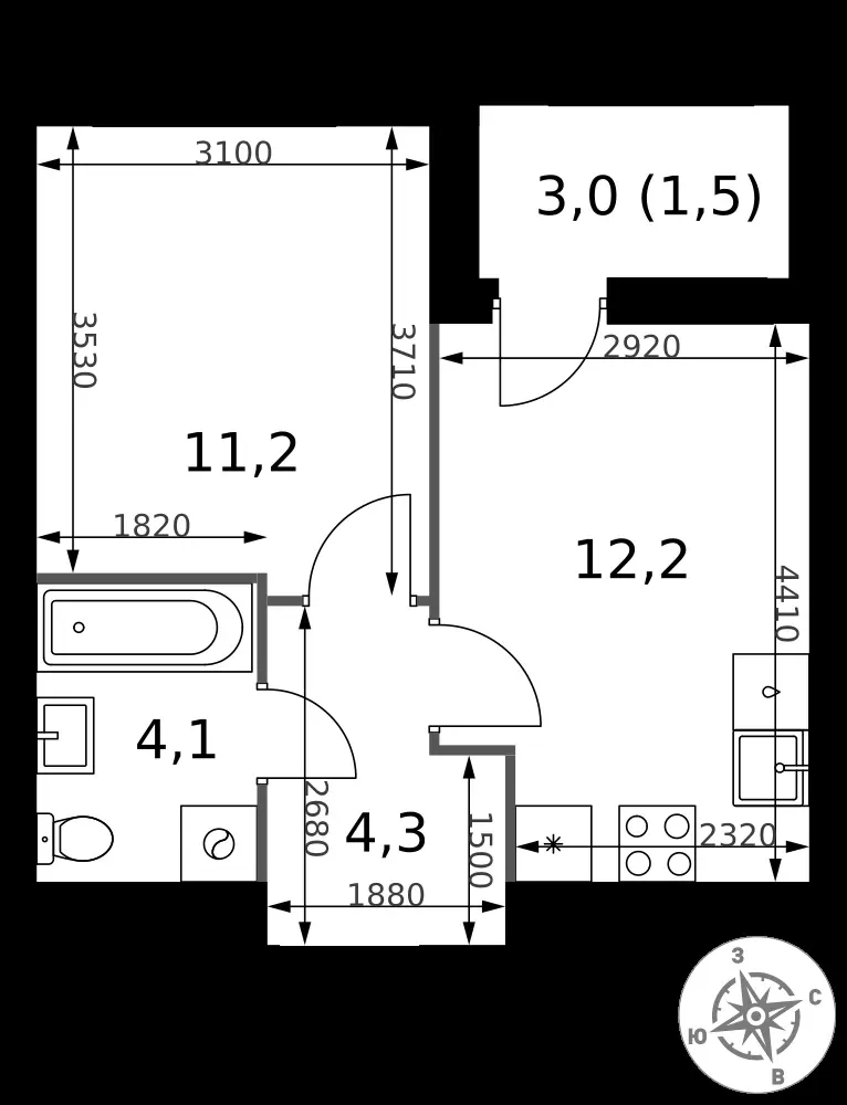 1-комнатная, 33,3 м² — 7 757 635 ₽