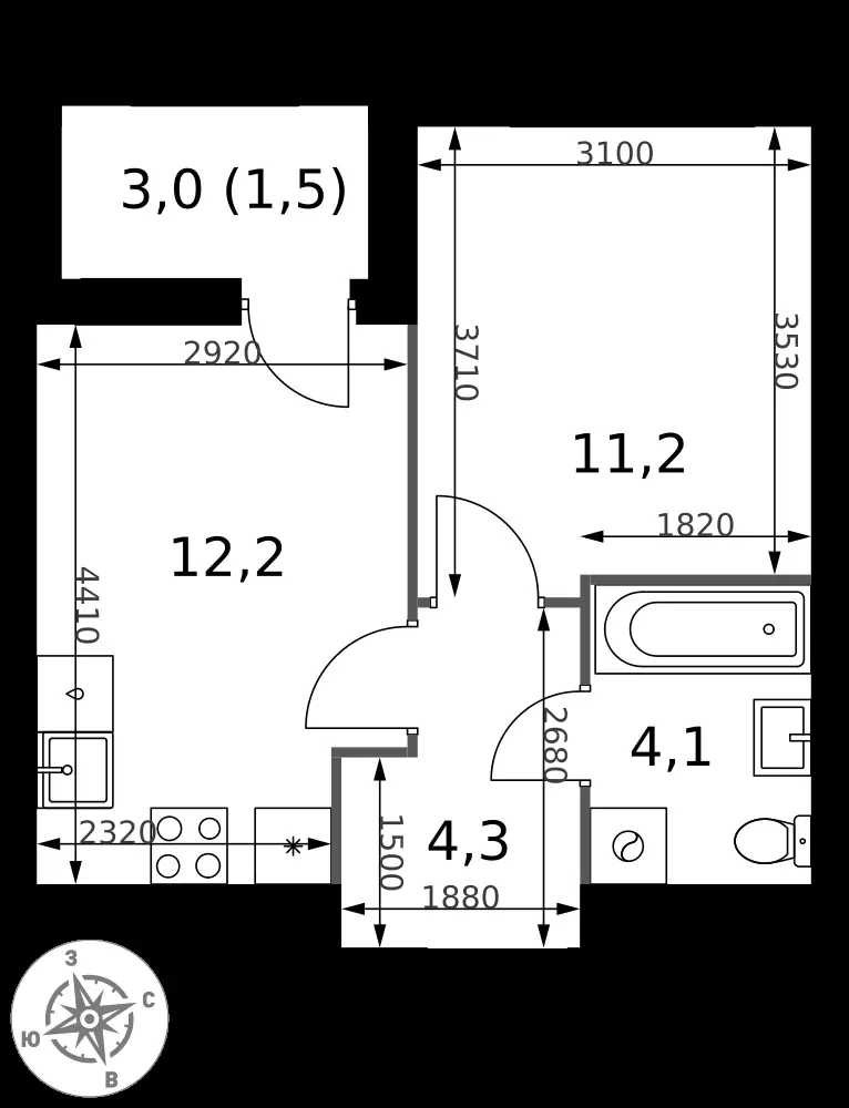 1-комнатная, 33,3 м² — 7 727 598 ₽