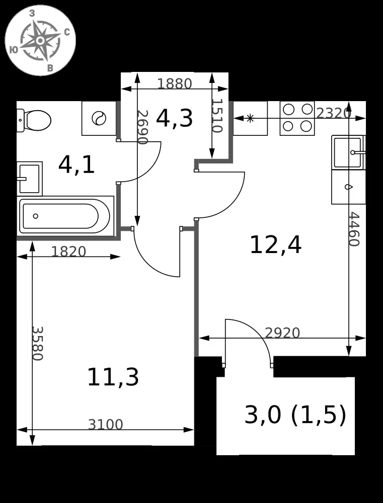 1-комнатная, 33,6 м² — 7 836 528 ₽
