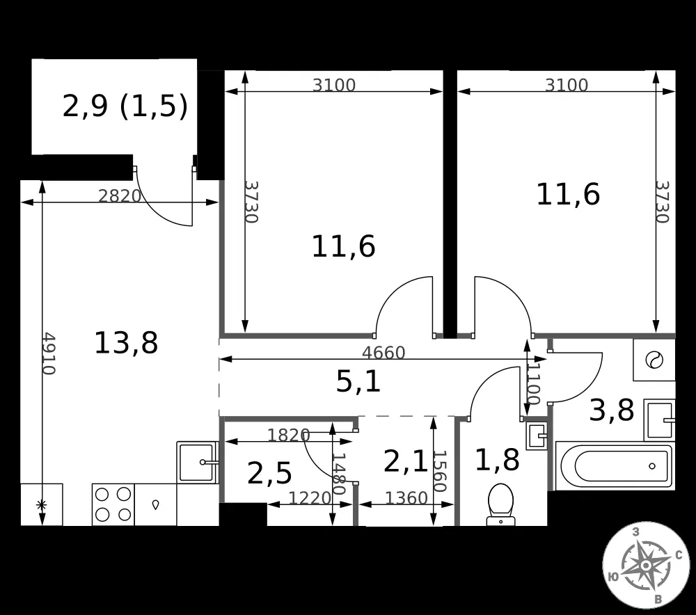 2-комнатная, 53,8 м² — 11 479 145 ₽