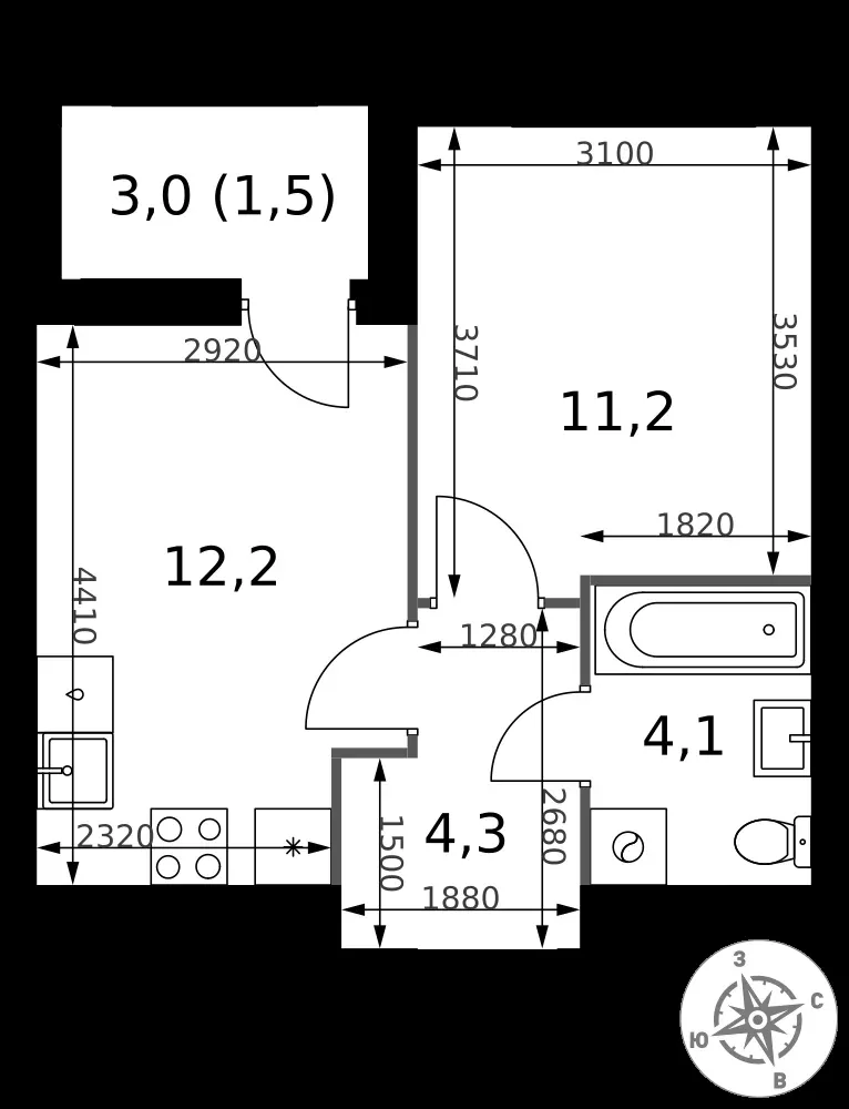 1-комнатная, 33,3 м² — 7 962 796 ₽