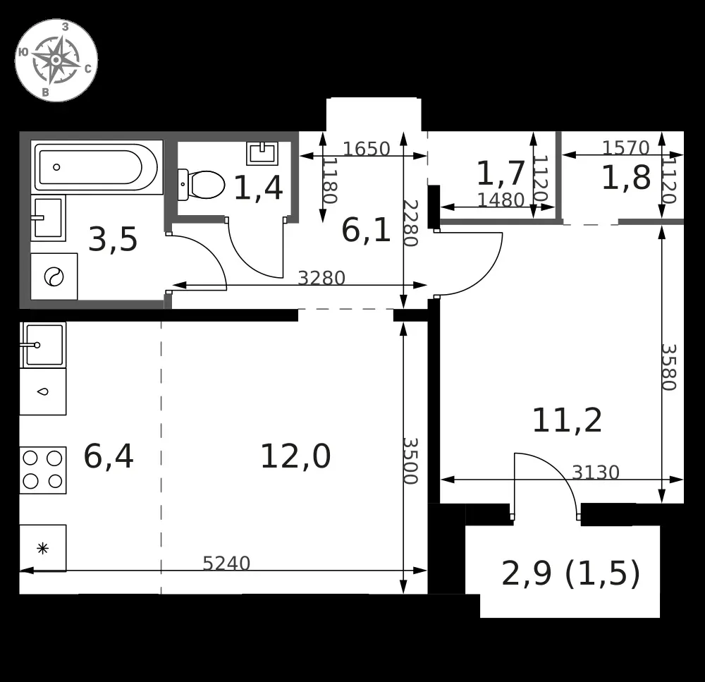 2-комнатная, 46,7 м² — 17 980 434 ₽