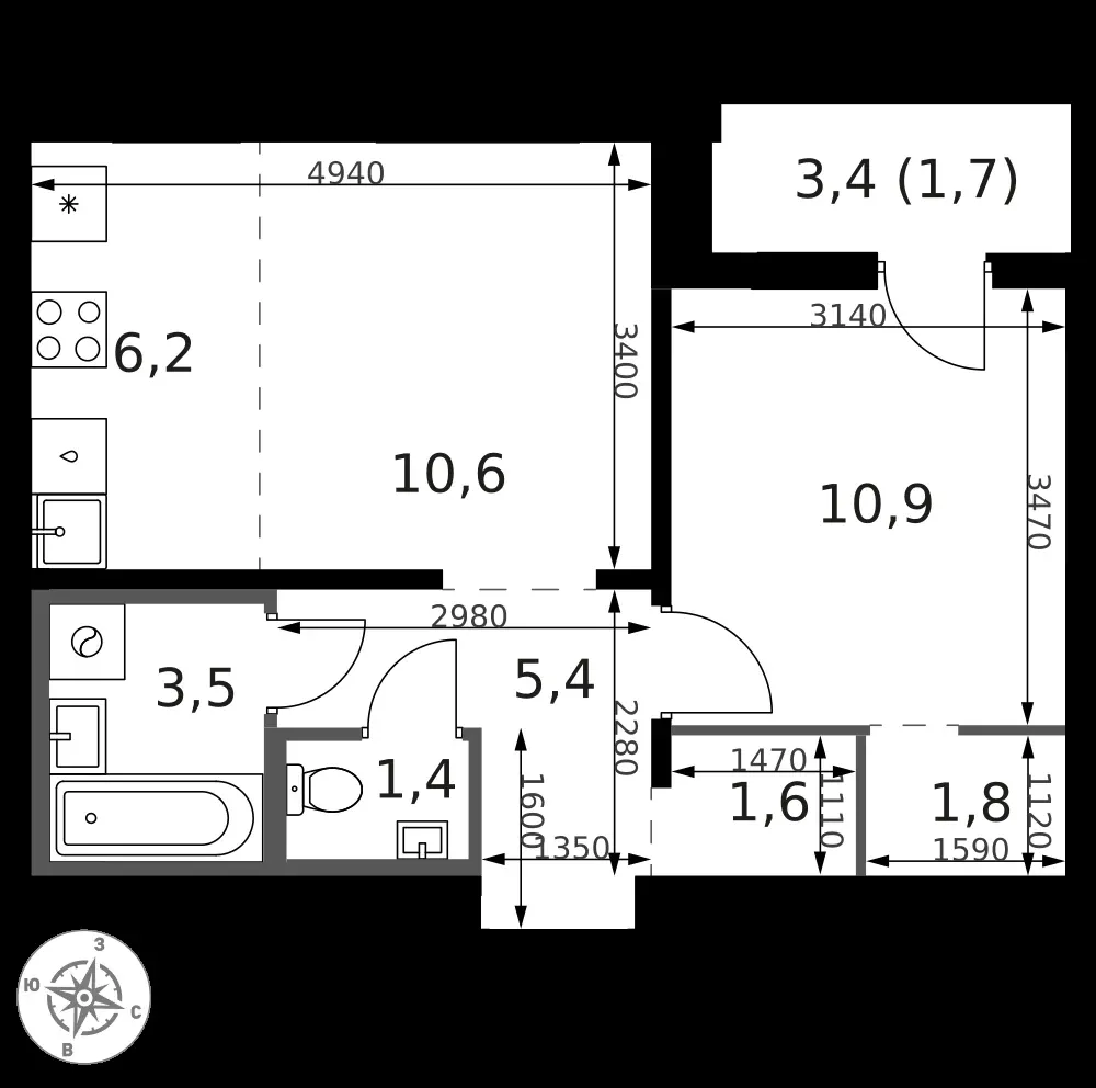 2-комнатная, 44,2 м² — 17 237 912 ₽