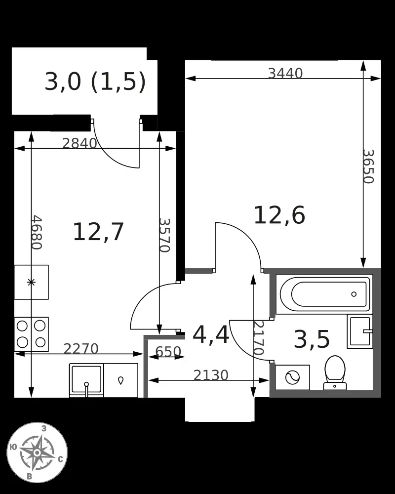 1-комнатная, 35,3 м² — 14 470 670 ₽