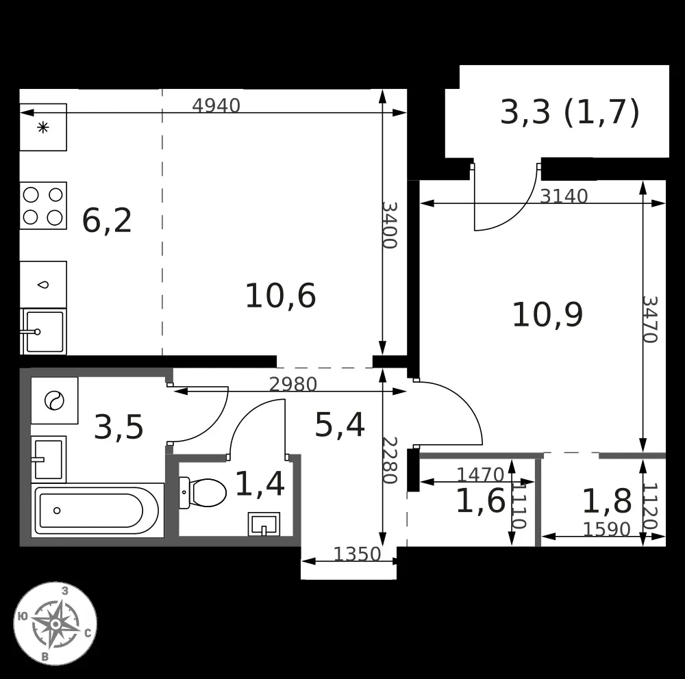 2-комнатная, 44,2 м² — 18 012 649 ₽