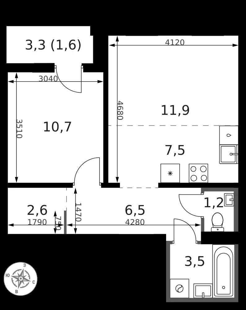 2-комнатная, 46,6 м² — 18 210 628 ₽