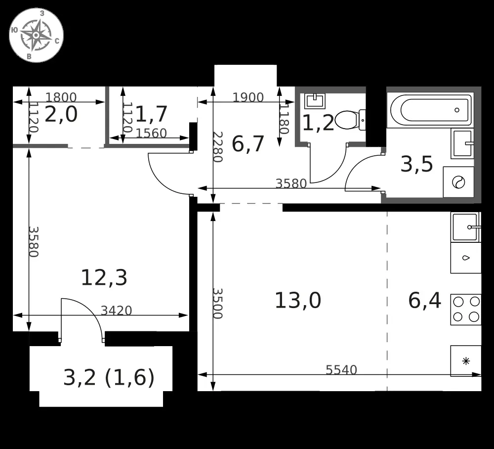 2-комнатная, 49,5 м² — 18 137 790 ₽