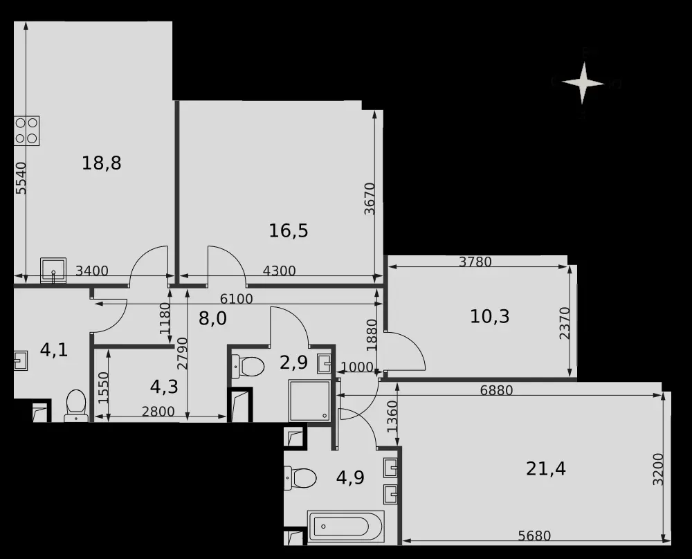 3-комнатная, 91,3 м² — 66 802 384 ₽