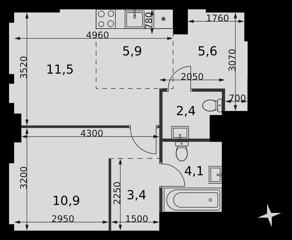 2-комнатная, 43,8 м² — 28 656 982 ₽