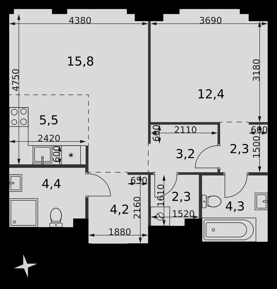 2-комнатная, 54,4 м² — 32 831 814 ₽
