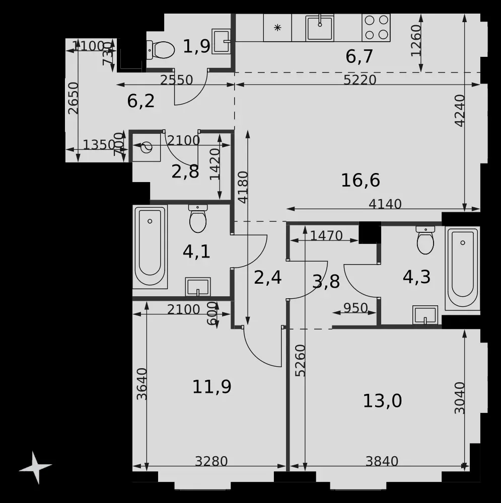 3-комнатная, 73,7 м² — 43 447 919 ₽