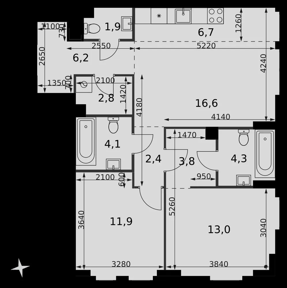 3-комнатная, 73,7 м² — 43 735 349 ₽