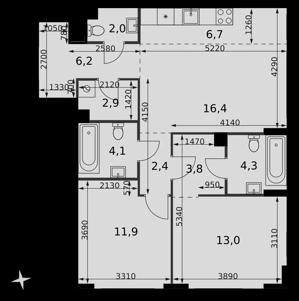 3-комнатная, 73,7 м² — 41 012 502 ₽