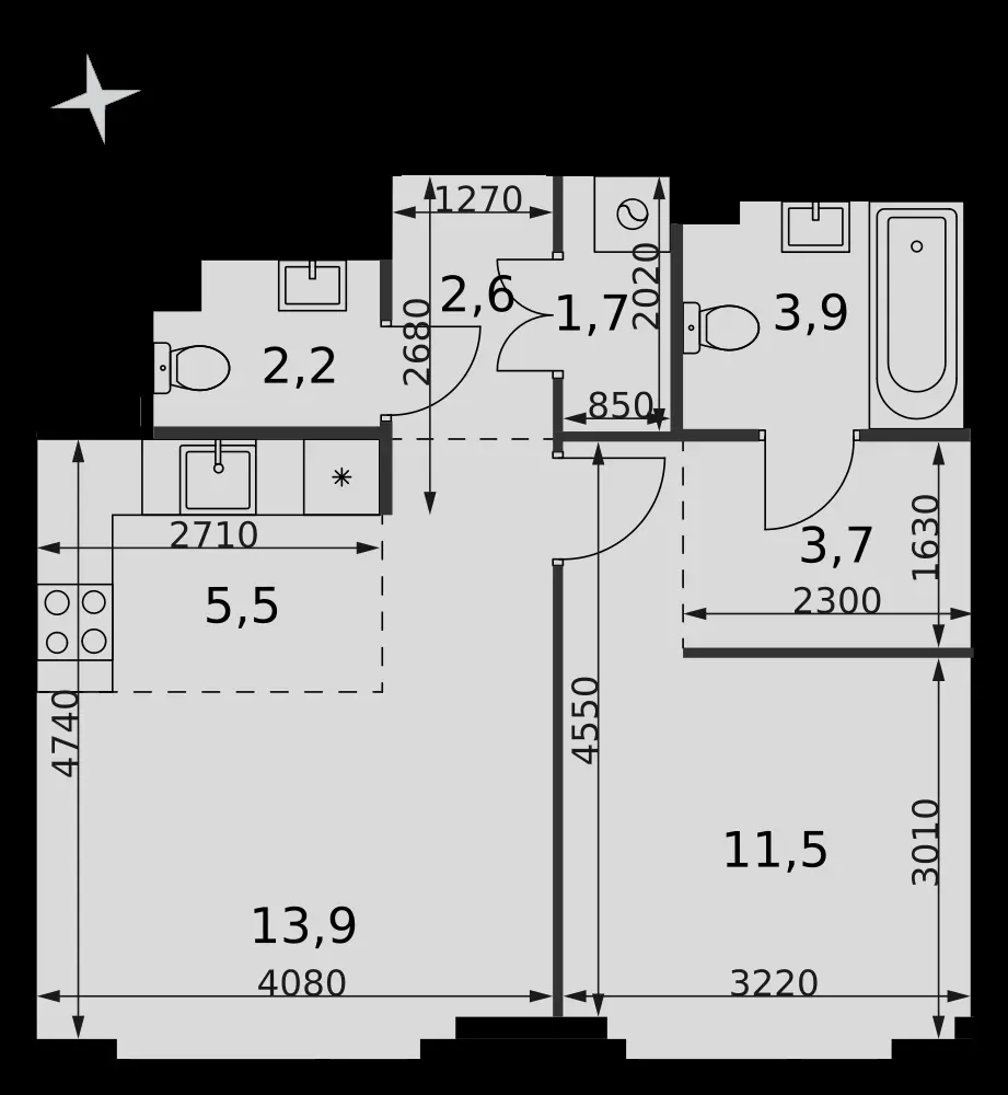 2-комнатная, 45 м² — 29 684 655 ₽