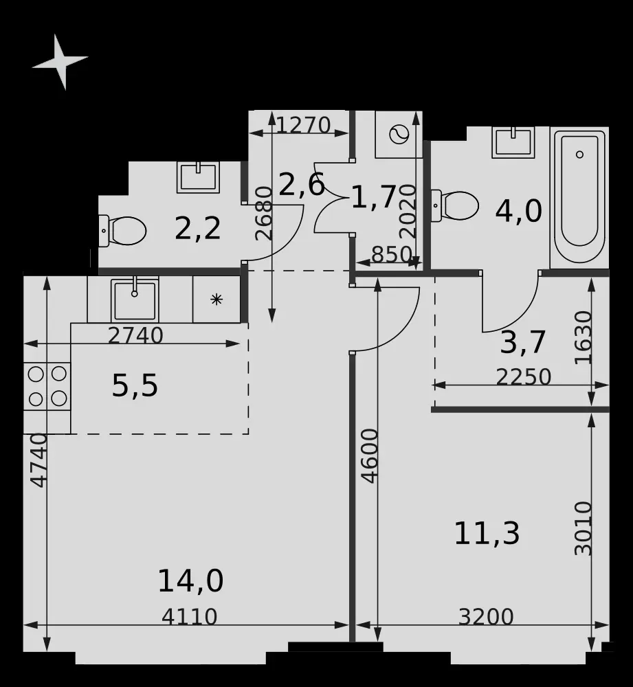 2-комнатная, 45 м² — 33 710 985 ₽