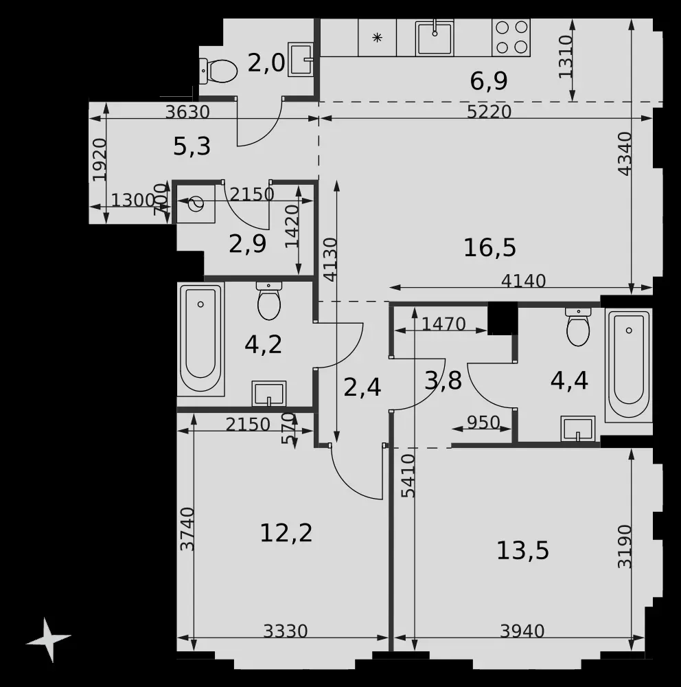 3-комнатная, 74,1 м² — 42 227 886 ₽