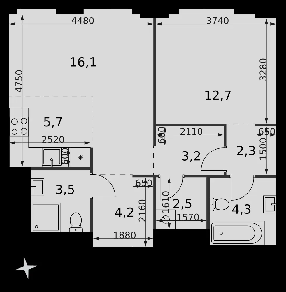 2-комнатная, 54,5 м² — 37 526 738 ₽