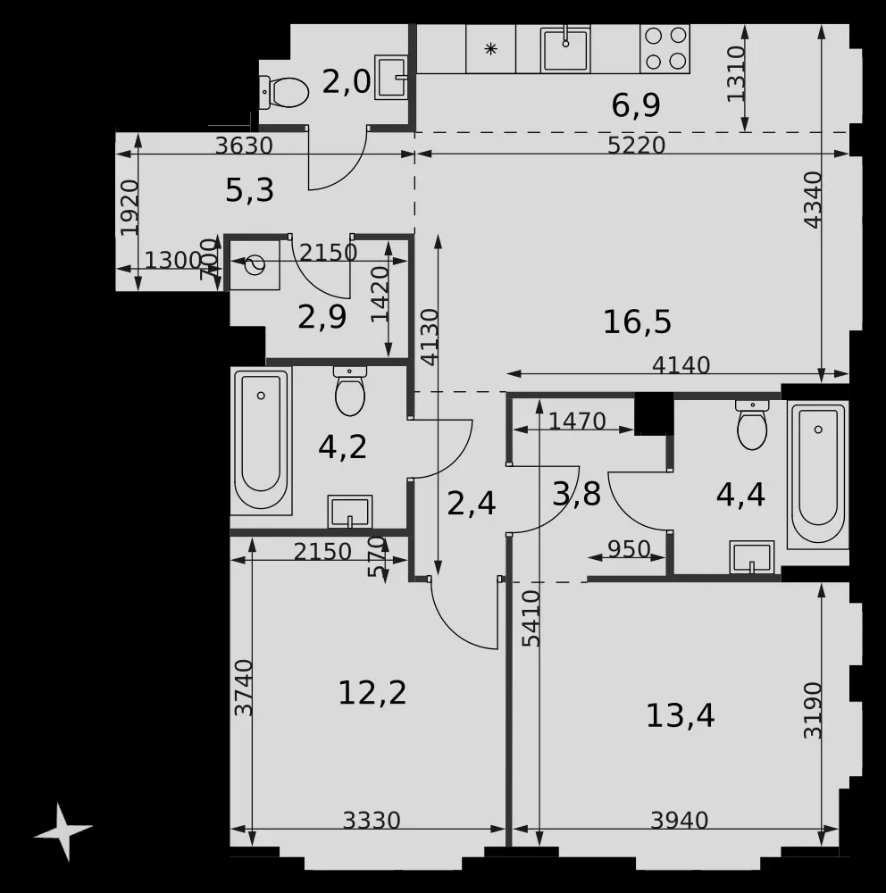 3-комнатная, 74 м² — 46 843 258 ₽