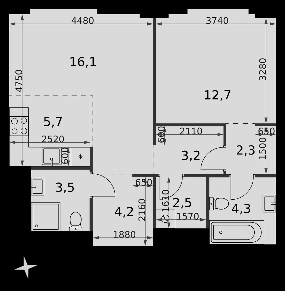 2-комнатная, 54,5 м² — 39 722 543 ₽