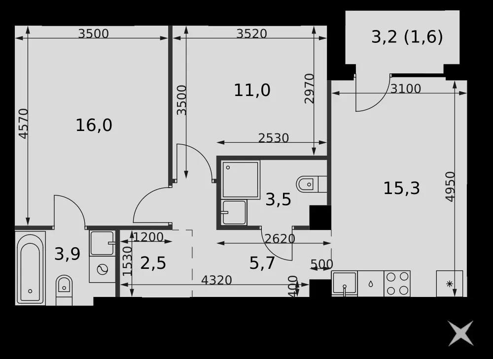 3-комнатная, 59,5 м² — 38 316 989 ₽