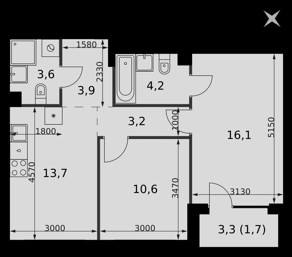 2-комнатная, 57 м² — 33 290 280 ₽