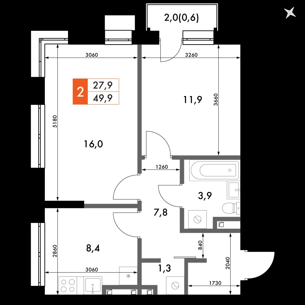 2-комнатная, 49,9 м² — 7 770 328 ₽