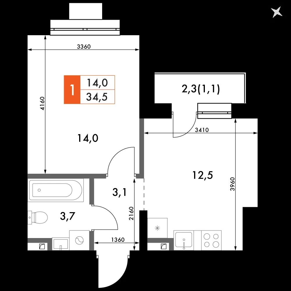 1-комнатная, 34,5 м² — 5 836 034 ₽