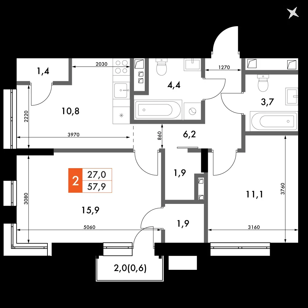 2-комнатная, 57,9 м² — 8 872 874 ₽