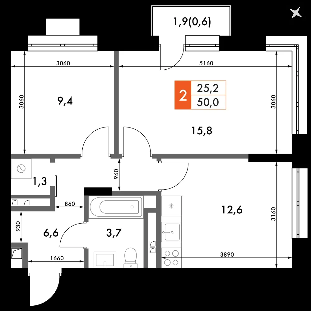 2-комнатная, 50 м² — 7 875 900 ₽