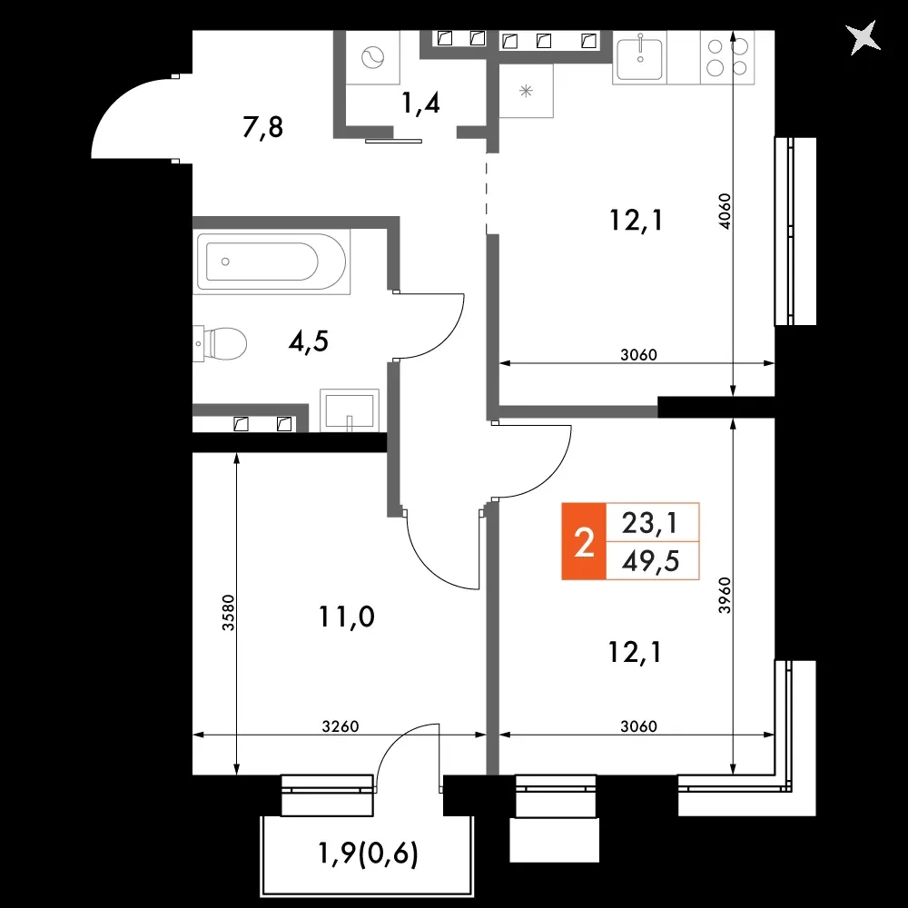 2-комнатная, 49,5 м² — 7 841 691 ₽