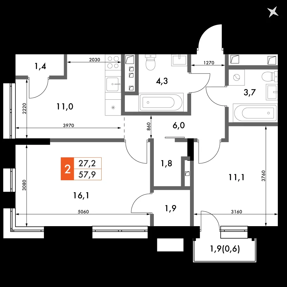 2-комнатная, 57,9 м² — 8 924 984 ₽