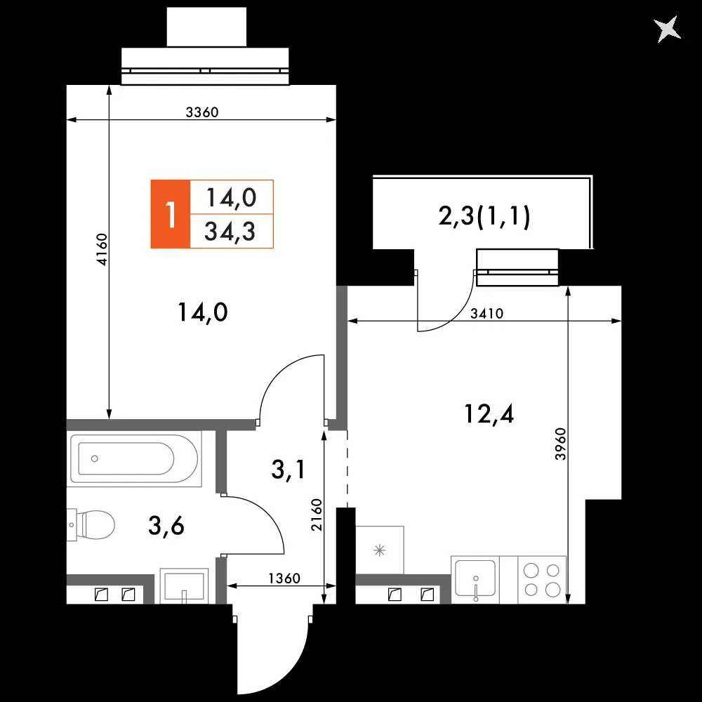1-комнатная, 34,3 м² — 5 863 942 ₽