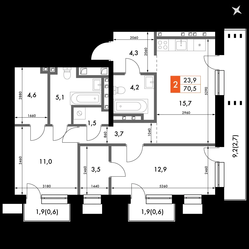 2-комнатная, 70,5 м² — 10 505 797 ₽