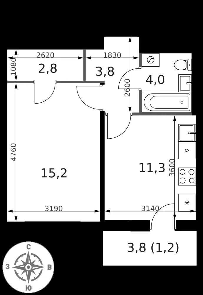 1-комнатная, 38,3 м² — 14 568 401 ₽