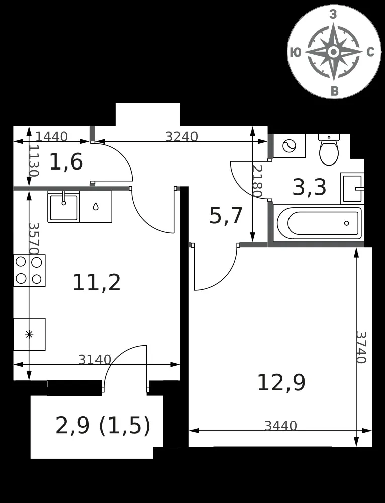 1-комнатная, 36,2 м² — 15 435 209 ₽