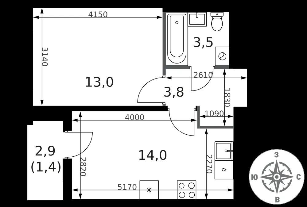1-комнатная, 35,7 м² — 14 995 285 ₽