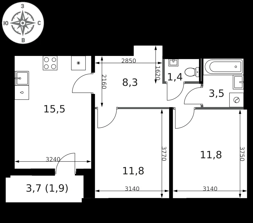 2-комнатная, 54,2 м² — 19 361 432 ₽