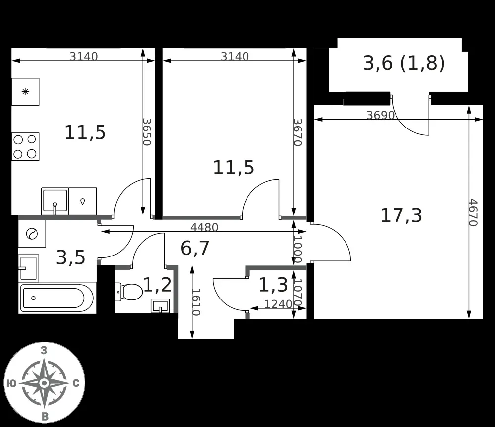 2-комнатная, 54,8 м² — 19 756 934 ₽