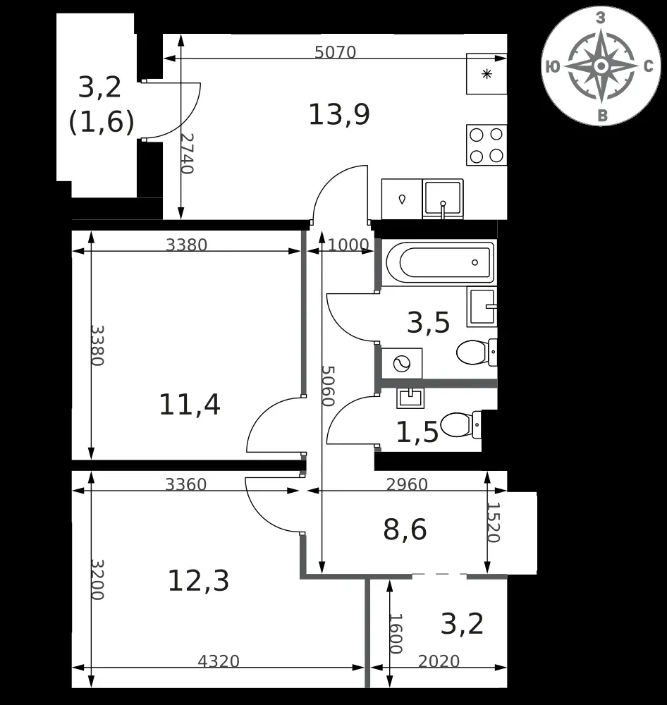2-комнатная, 56 м² — 18 698 400 ₽