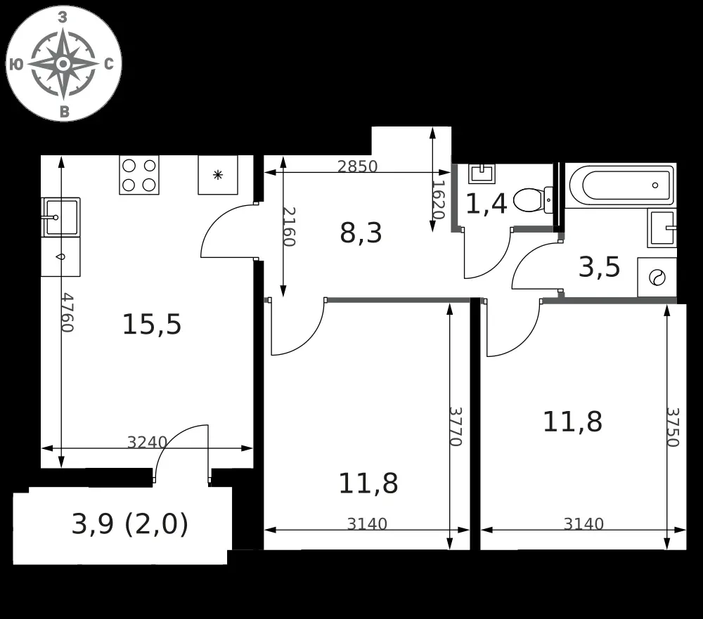 2-комнатная, 54,3 м² — 19 727 842 ₽