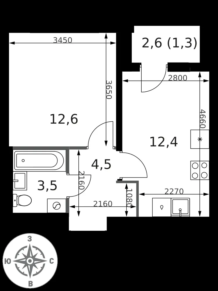 1-комнатная, 34,3 м² — 14 690 724 ₽