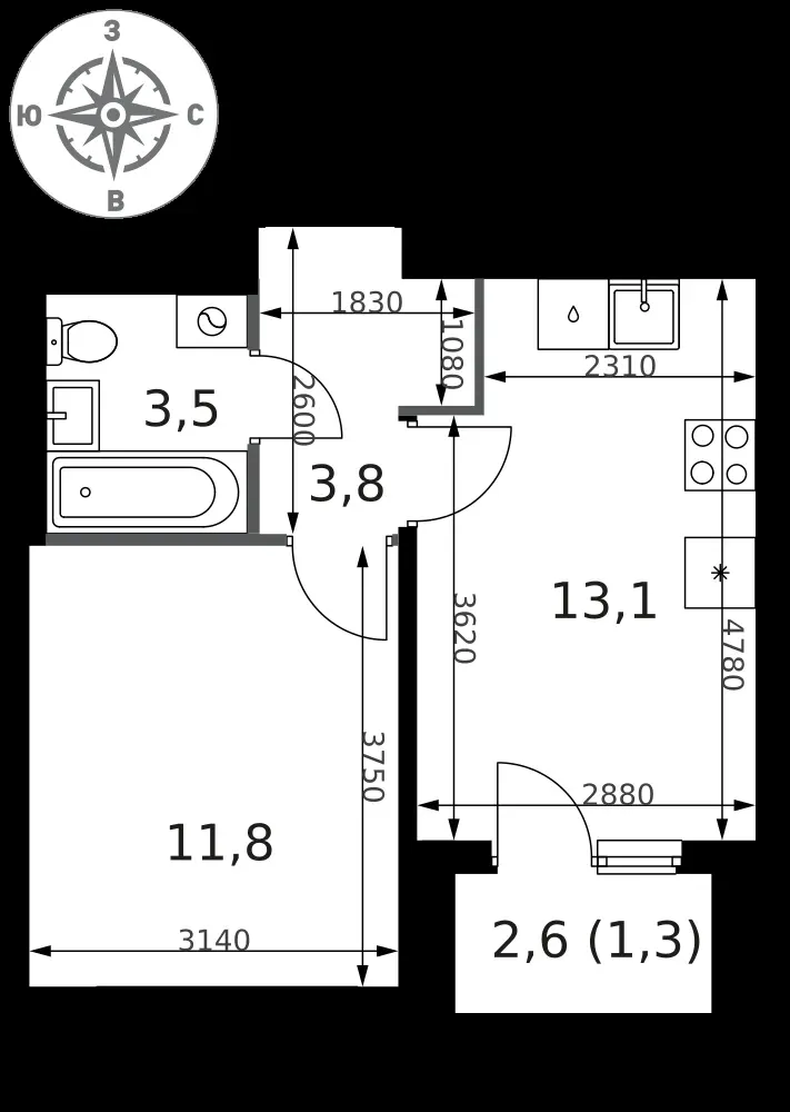 1-комнатная, 33,5 м² — 14 633 705 ₽