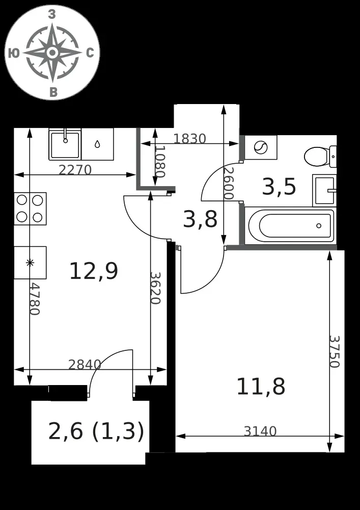 1-комнатная, 33,3 м² — 14 589 796 ₽