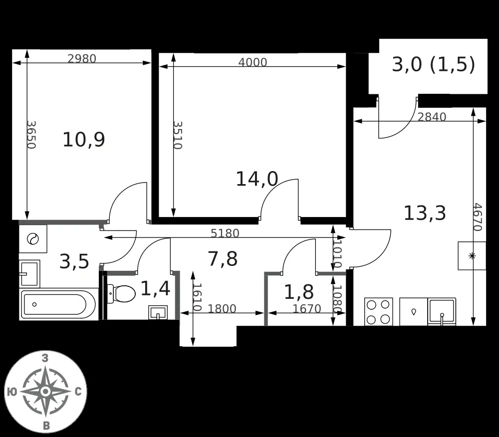 2-комнатная, 54,2 м² — 19 182 247 ₽