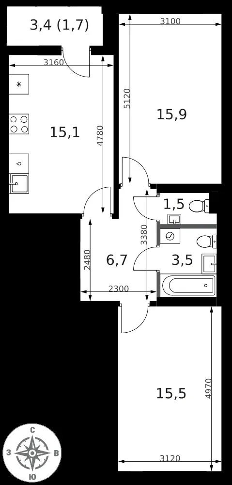 2-комнатная, 59,9 м² — 19 667 446 ₽