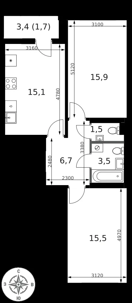 2-комнатная, 59,9 м² — 20 579 424 ₽