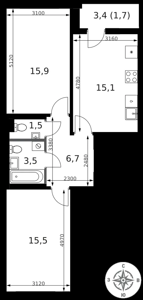 2-комнатная, 59,9 м² — 22 460 703 ₽