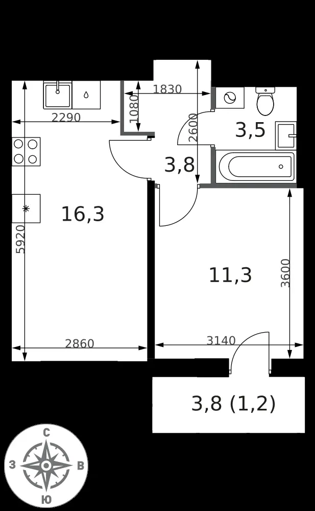 1-комнатная, 36,1 м² — 17 506 262 ₽