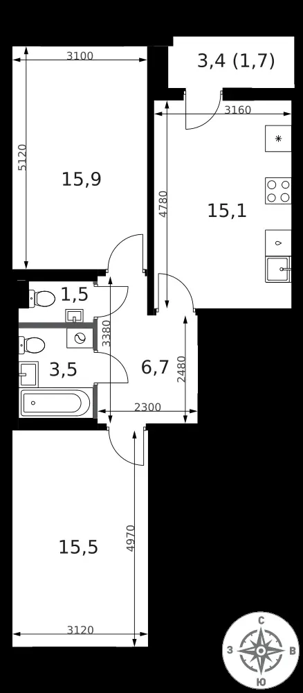 2-комнатная, 59,9 м² — 23 372 681 ₽