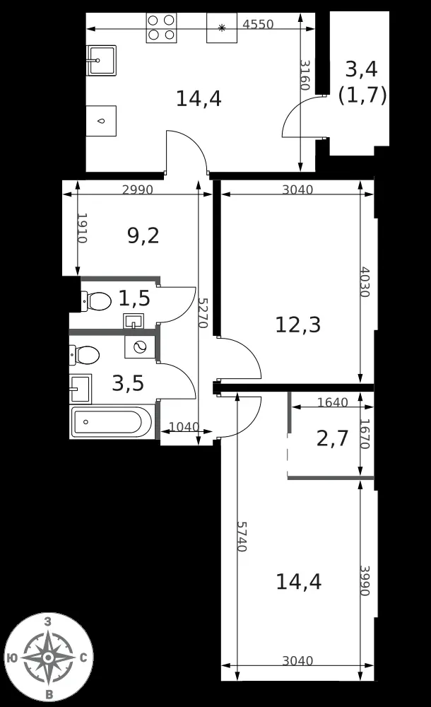 2-комнатная, 59,7 м² — 18 910 811 ₽